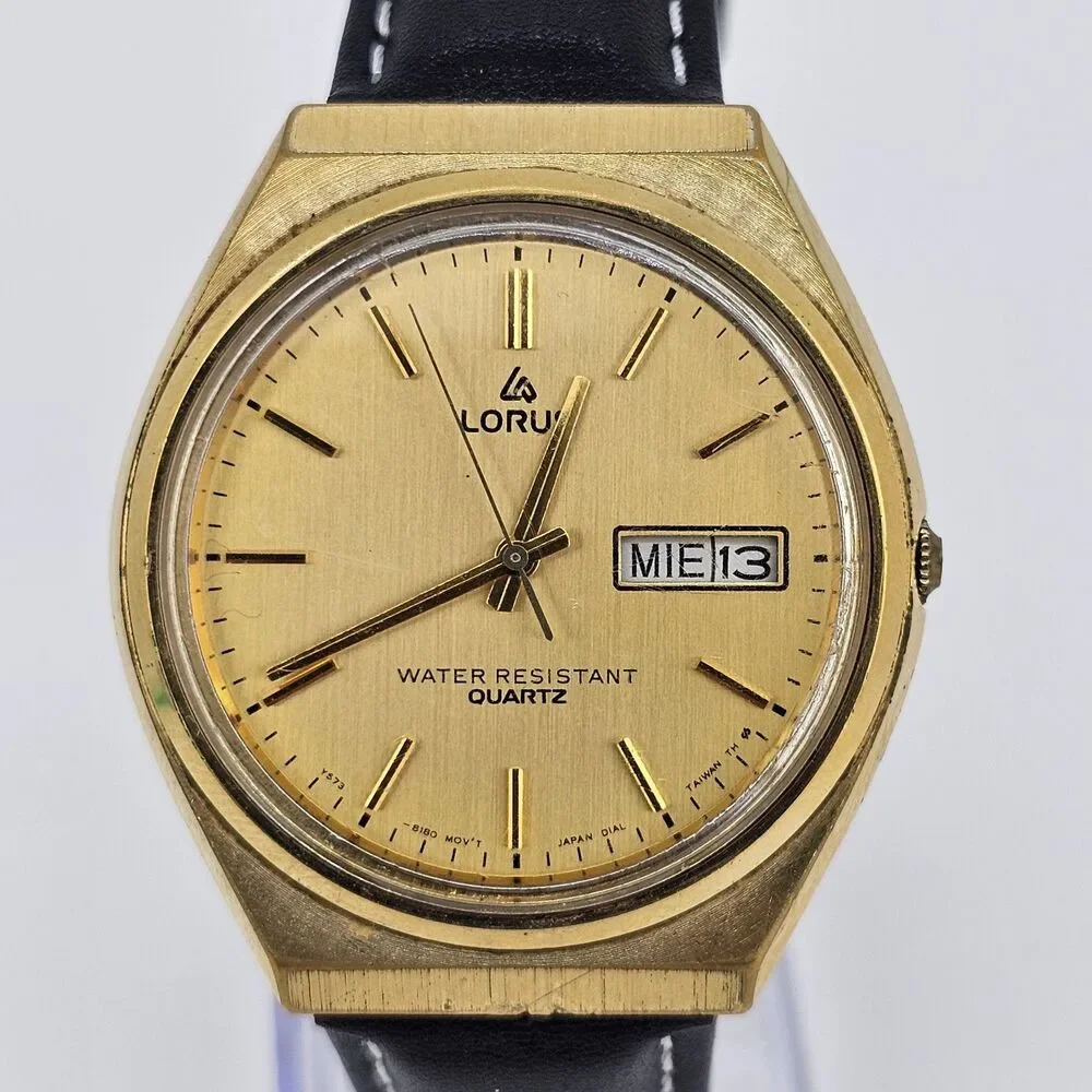 VTG Lorus Men's Watch 36MM Gold Dial DayDate New Black Leather Bands New Battery